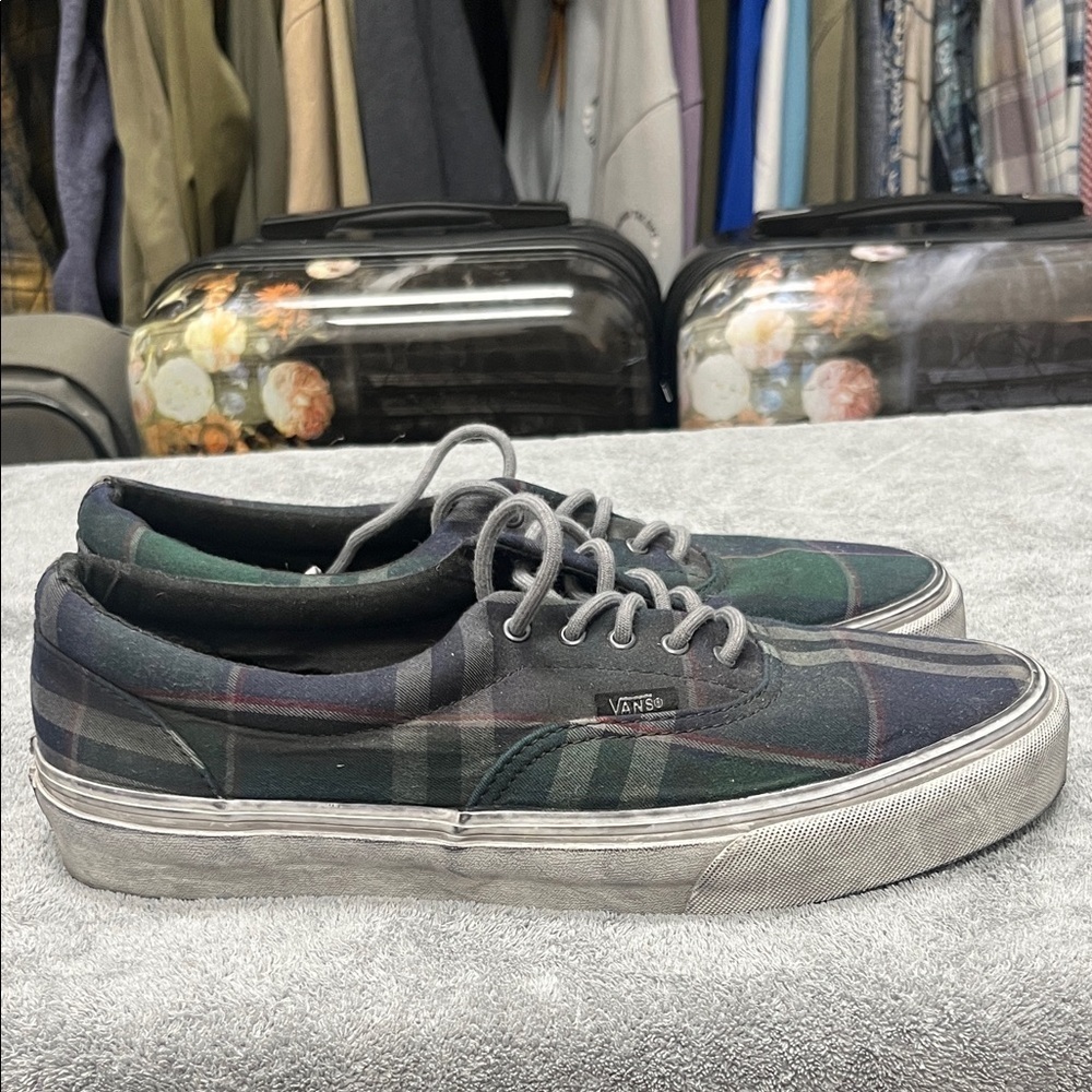 Vans California Authentic Sneakers - Purple and Green Plaid with distressed sole